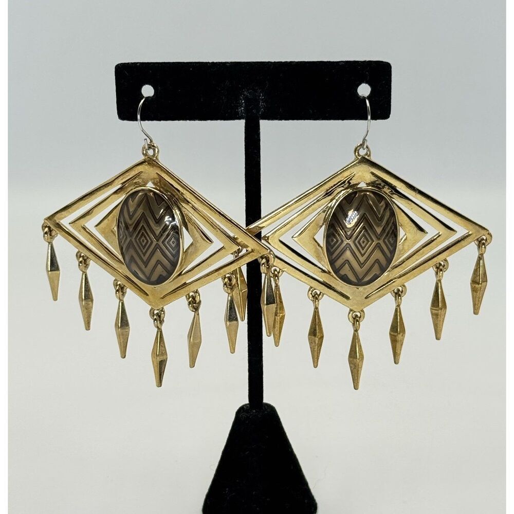 House of Harlow 1960 Gold Tone Diamond Shape Dangle Tassel Earrings Oval Inlay